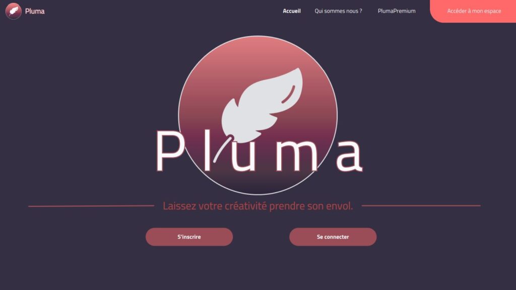 Maquette de la page d'accueil de Pluma en mode sombre