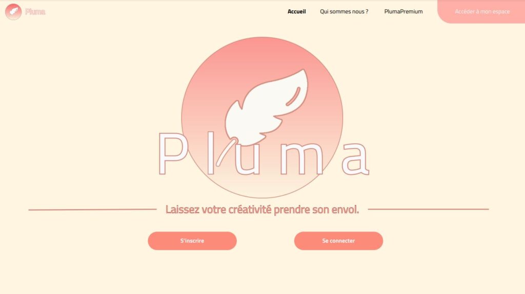 Maquette de la page d'accueil de Pluma en mode clair