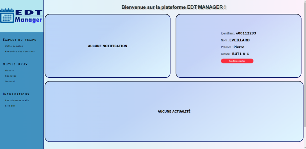 Page d’accueil d'EDT Manager après la connexion d’un étudiant