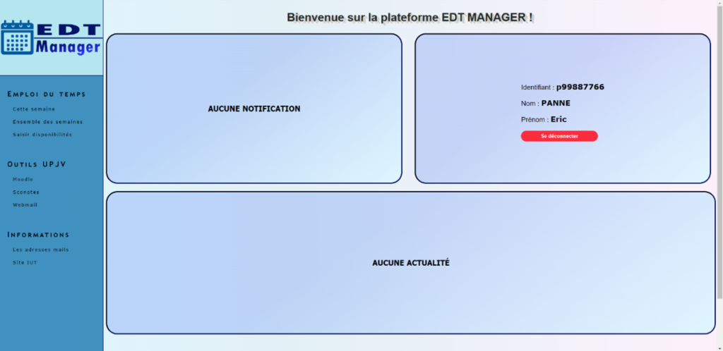 Page d’accueil d'EDT Manager après la connexion d’un enseignant