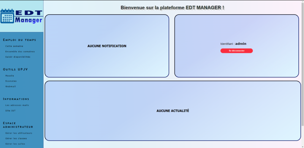 Page d’accueil D'EDT Manager après la connexion d’un administrateur