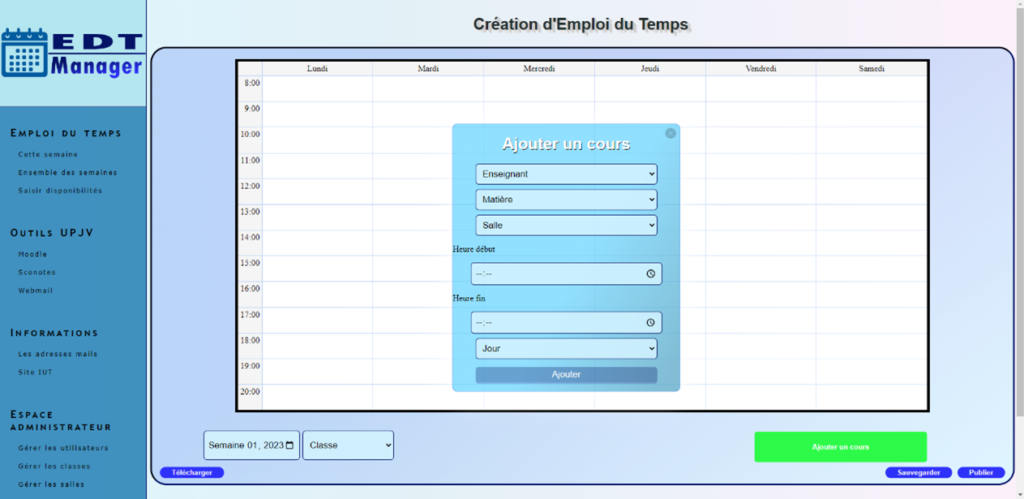 Page d'EDT Manager de création d’un emploi du temps