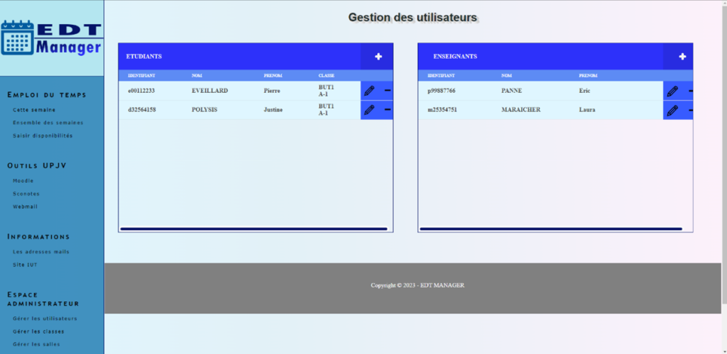 Page d'EDT Manager de gestion des utilisateurs