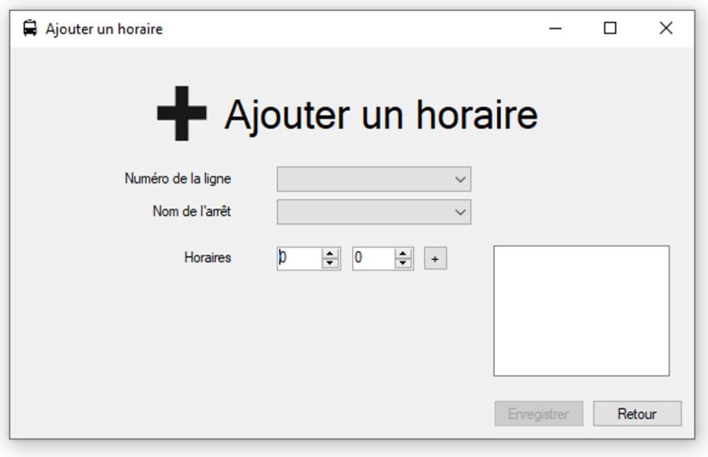 Menu d’ajout d’un horaire de l'application de gestion du réseau de bus