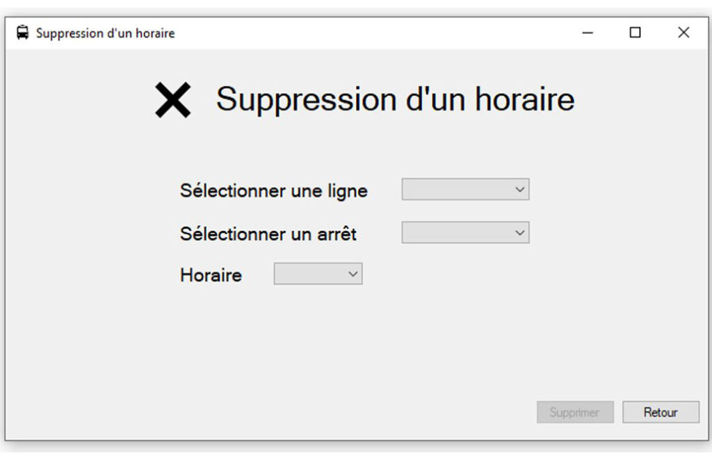 Menu de suppression d’un horaire de l'application de gestion du réseau de bus