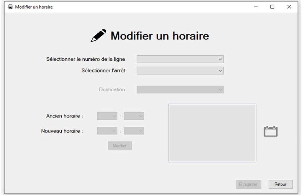 Menu de modification d’un horaire de l'application de gestion du réseau de bus