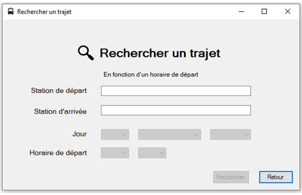 Menu de recherche d’un trajet en fonction de l’horaire de départ souhaité de l'application de gestion du réseau de bus