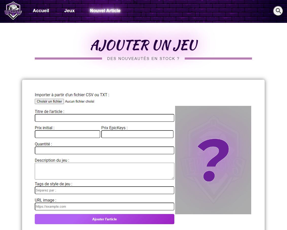 Formulaire d'ajout d'un article d'EpicKeys