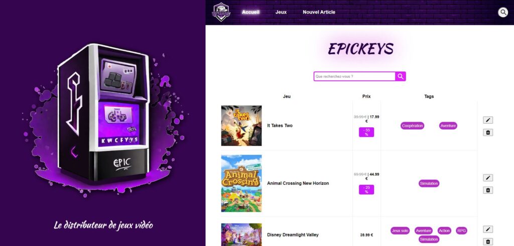Page d'accueil d'EpicKeys